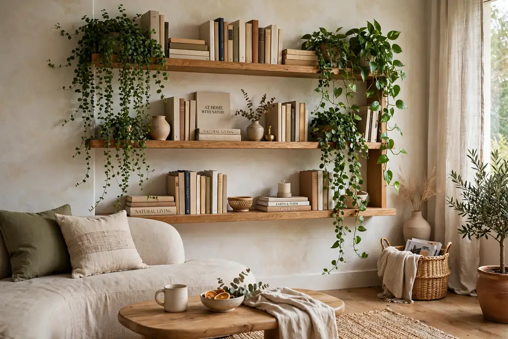Trailing plants spilling from open oak shelves in a living room.