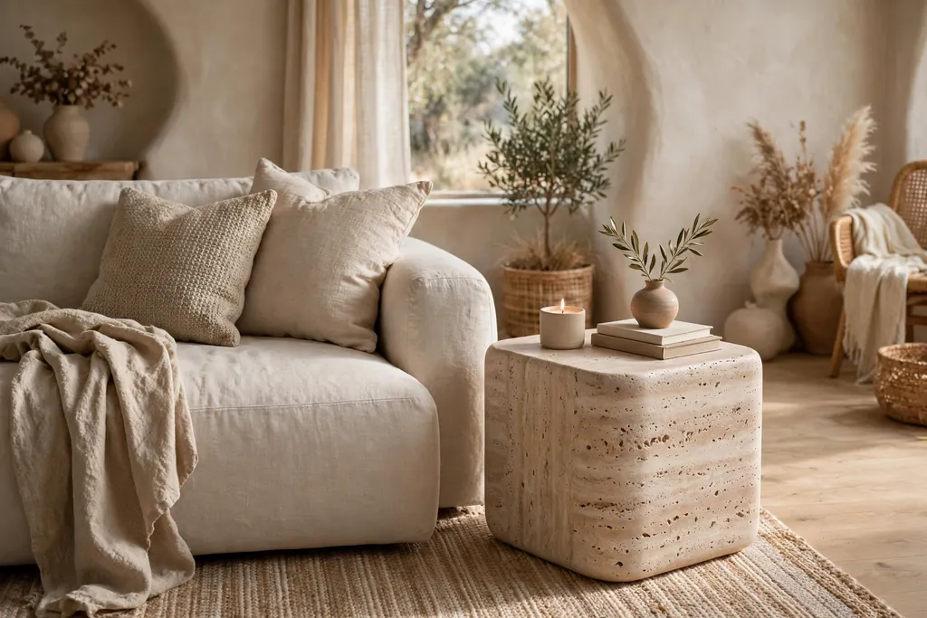 Travertine side table beside a linen sofa in a living room.
