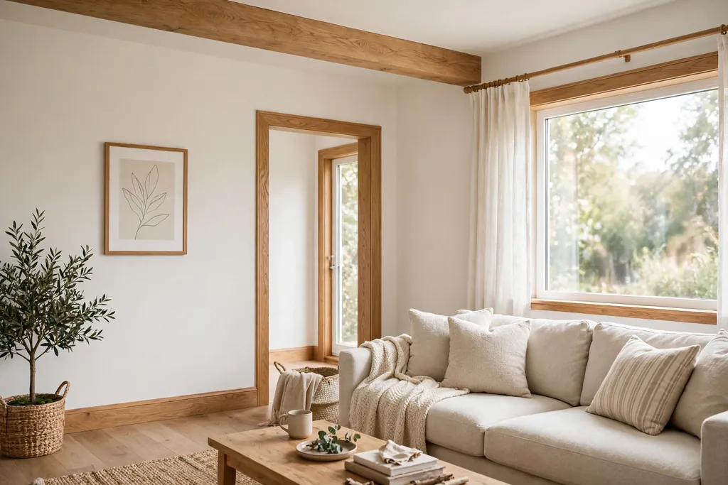 Warm white living room walls with natural oak trim and a wood beam.