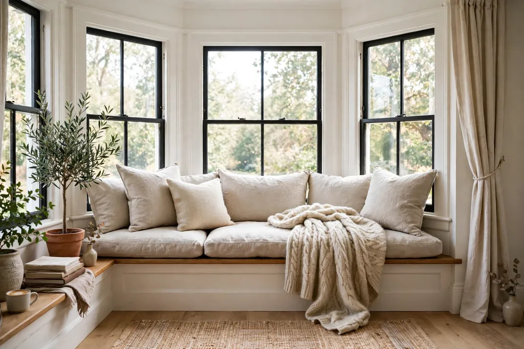 Window seat with oatmeal linen cushions and a wool throw.