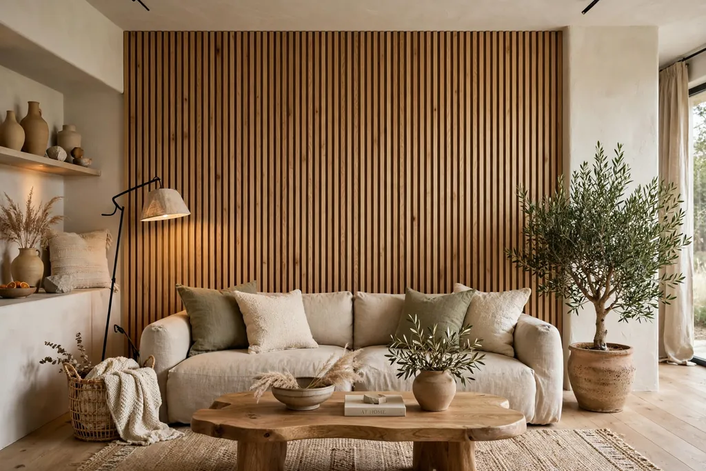 Vertical oak slat wall behind a sofa in a living room.