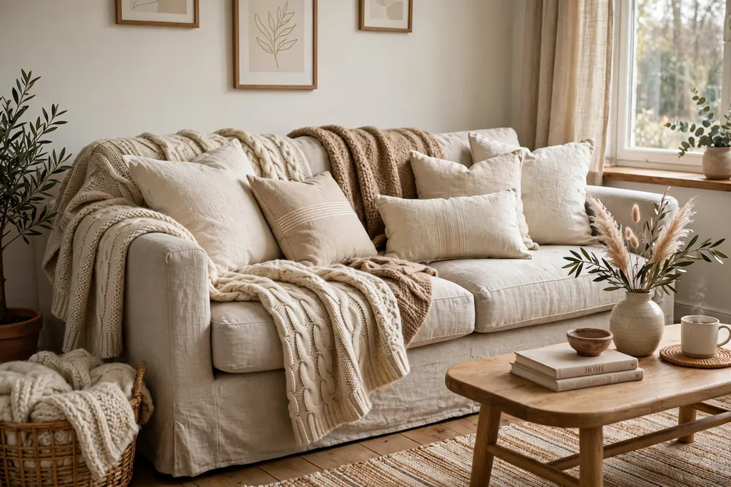 Wool throws and cotton cushions layered on an oatmeal sofa.