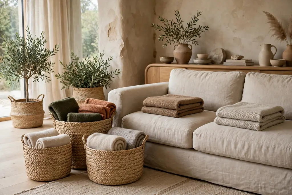 Woven baskets beside a sofa holding folded throws.