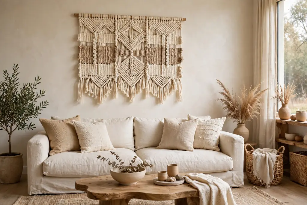 Woven wall hanging in cream and sand above a sofa.