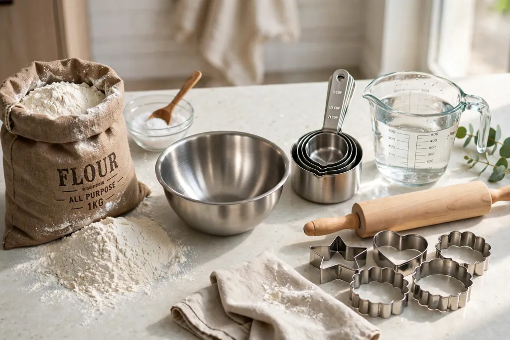 Flour, salt, water, mixing bowl, measuring cups, rolling pin, and cookie cutters arranged on a kitchen counter.
