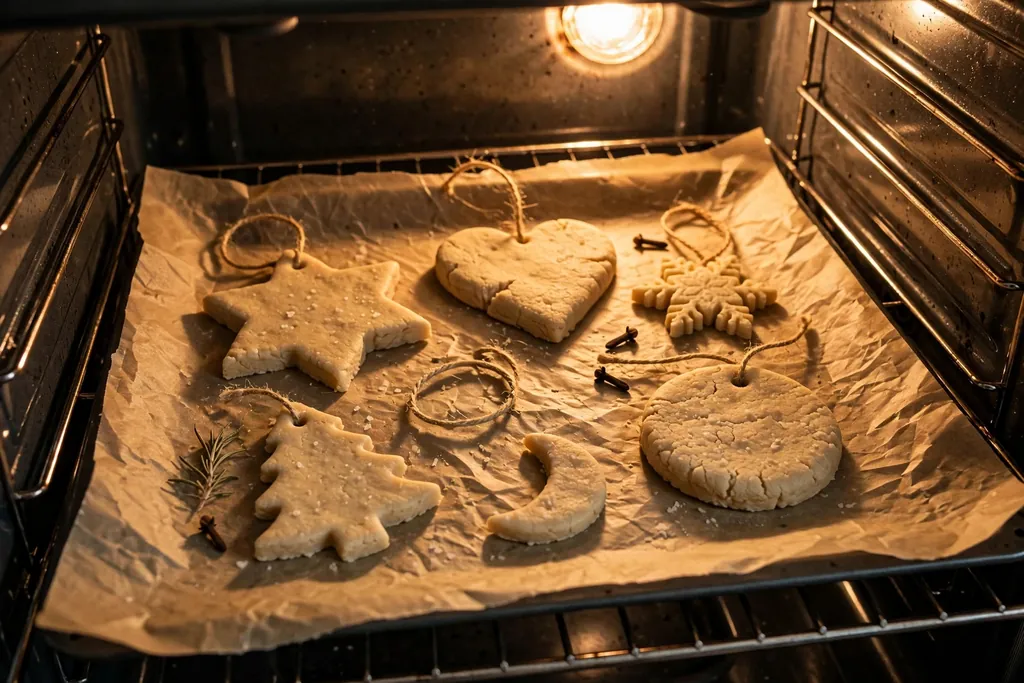 Salt dough ornaments baking on a parchment lined tray inside a low oven.