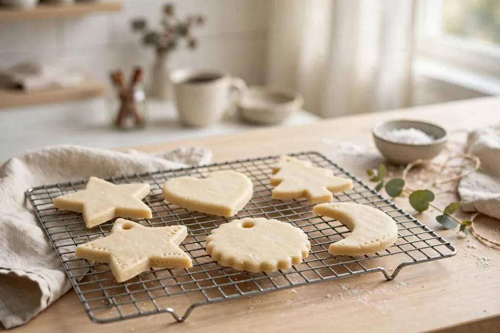 Baked salt dough ornaments cooling on a wire rack on a kitchen counter.