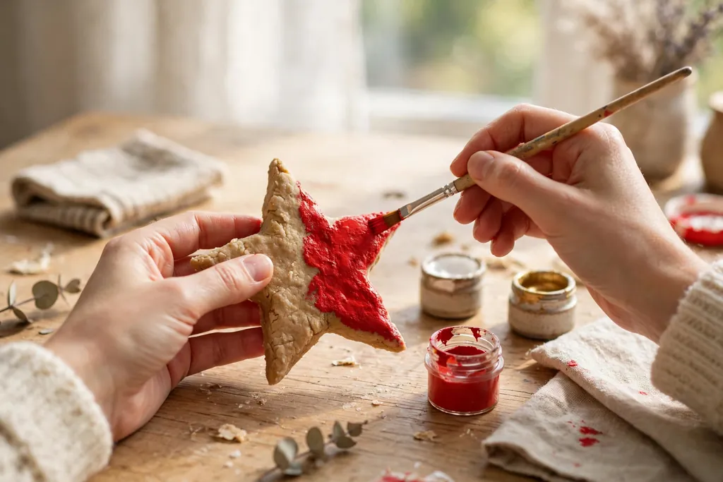 Hands painting a cooled salt dough star ornament red with a small brush.