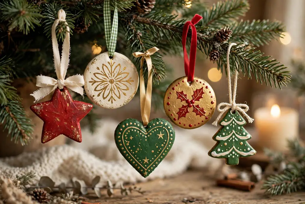 Finished painted salt dough ornaments with ribbon loops hanging on a Christmas tree branch.