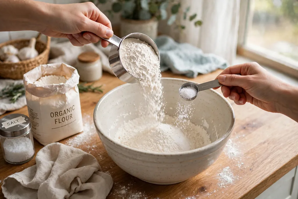 Hands measuring flour and salt into a large mixing bowl on a kitchen counter.