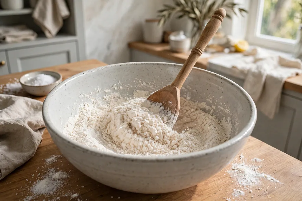 Wooden spoon stirring flour and salt together in a large mixing bowl.
