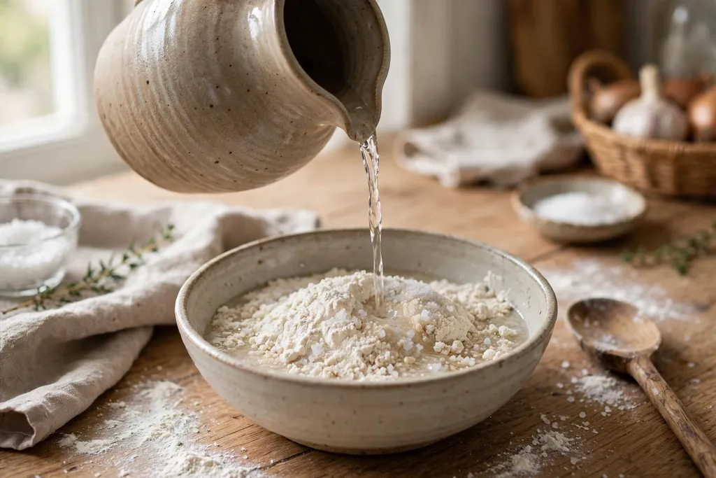 Water being poured slowly into a bowl of flour and salt mixture, with a spoon nearby.