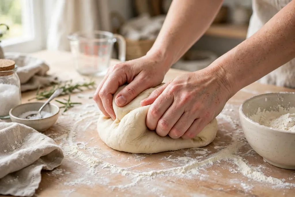 Hands kneading smooth salt dough on a lightly floured kitchen surface.