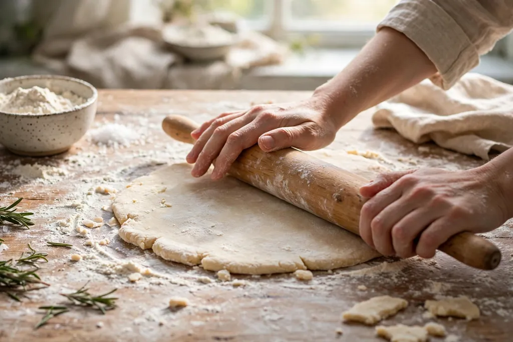 Salt dough being rolled flat with a wooden rolling pin on a floured surface.