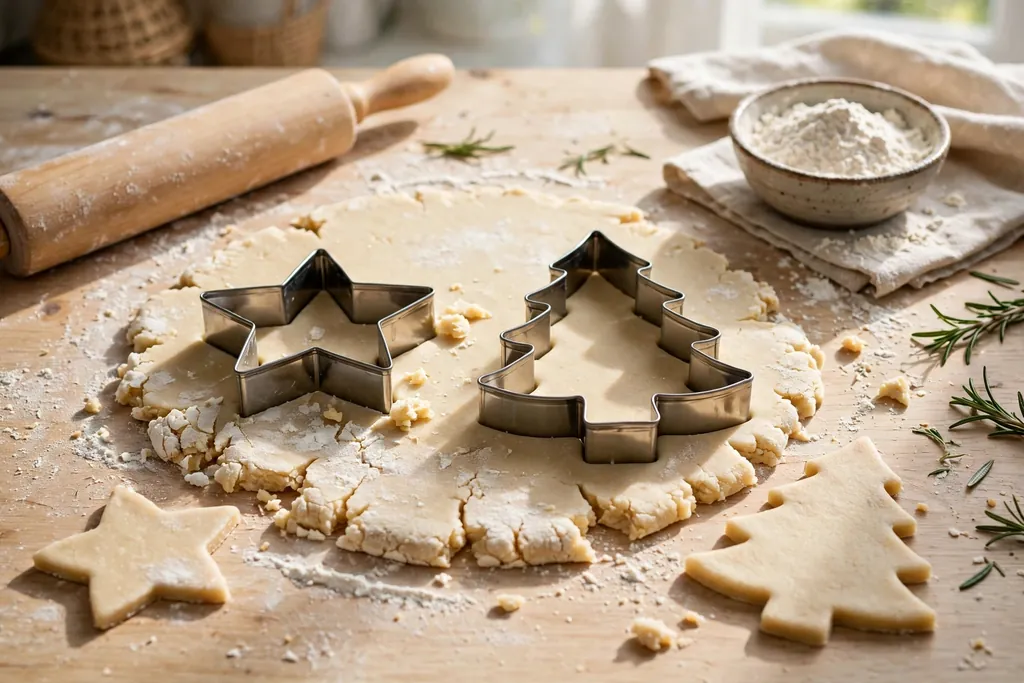 Star and tree cookie cutters cutting shapes from rolled salt dough on a counter.