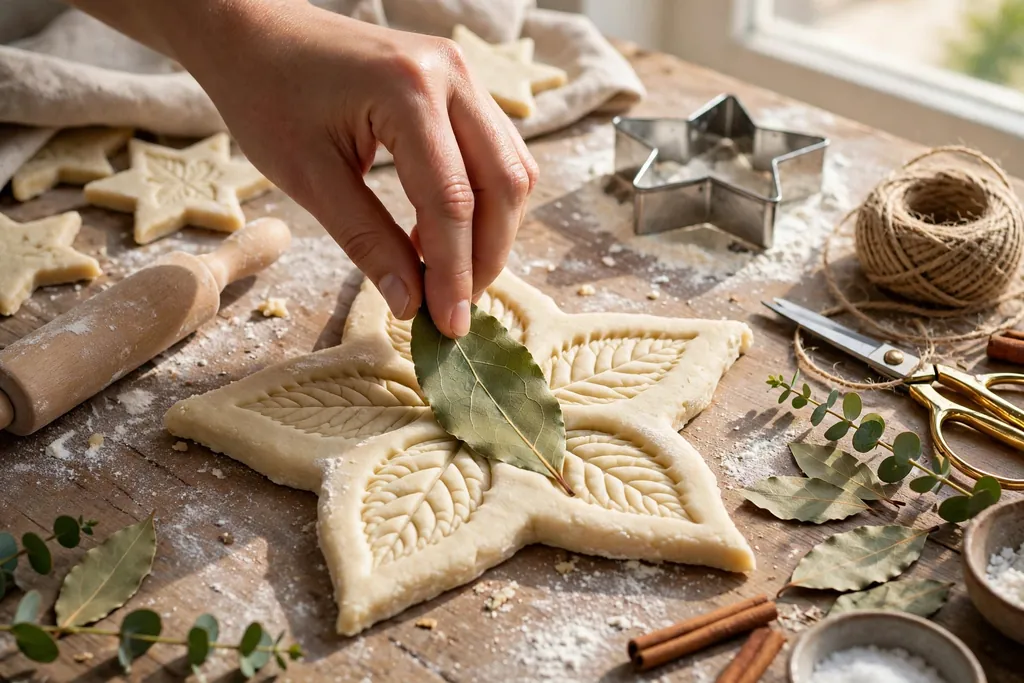 A leaf pattern being pressed into a salt dough star ornament on a work surface.