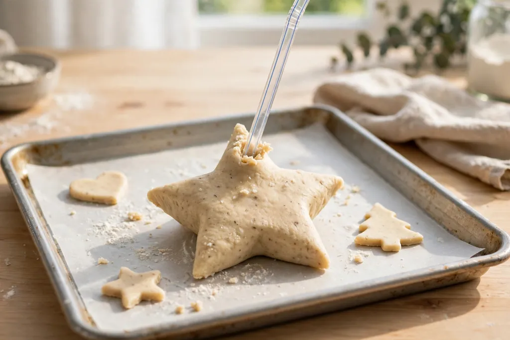 A straw poking a hanging hole near the top of a salt dough ornament shape.