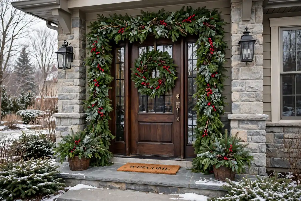 Front door framed with evergreen garland and a matching wreath.