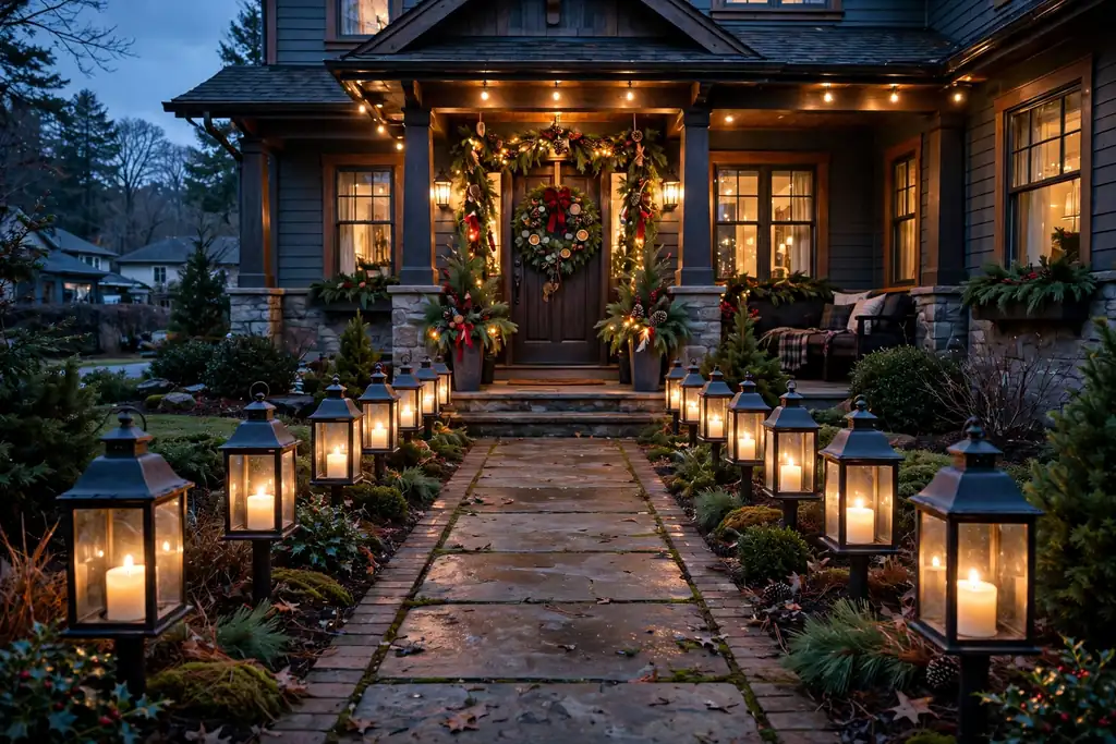 Walkway lined with glowing lanterns leading to a front door.