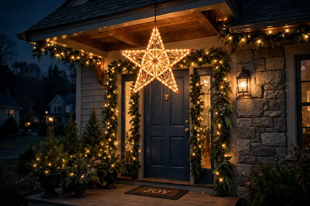 Lit star hanging above a front door entry at night.