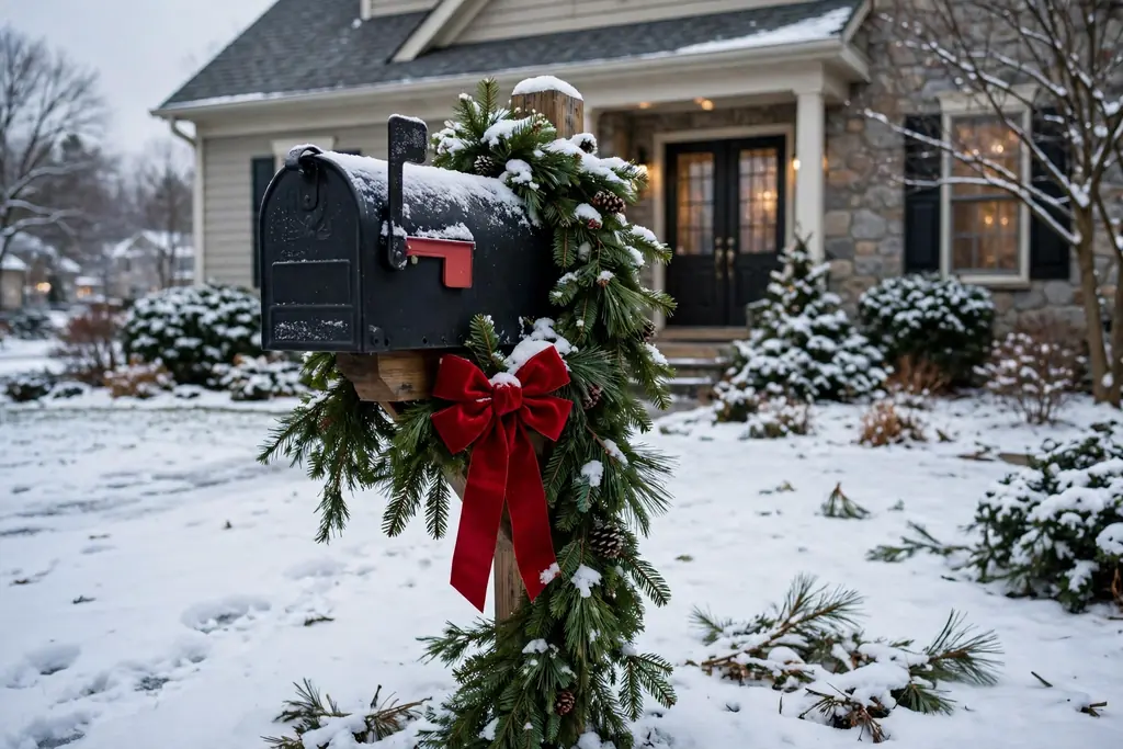 Mailbox post wrapped in evergreen garland with a bow.