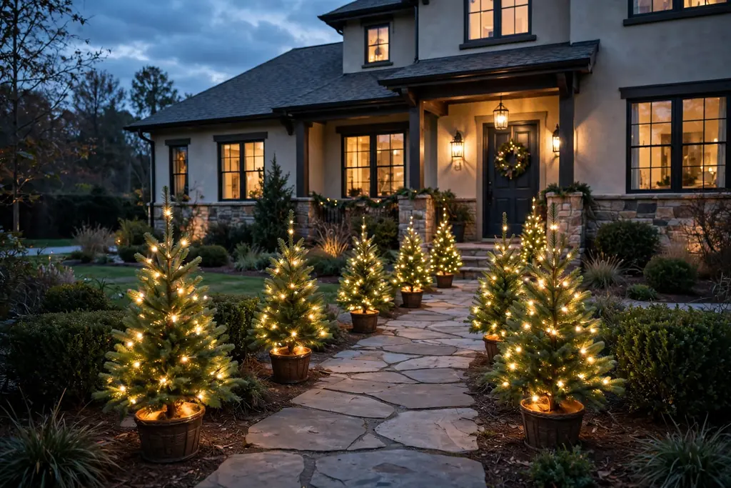 Small lit trees along a garden path toward a house.