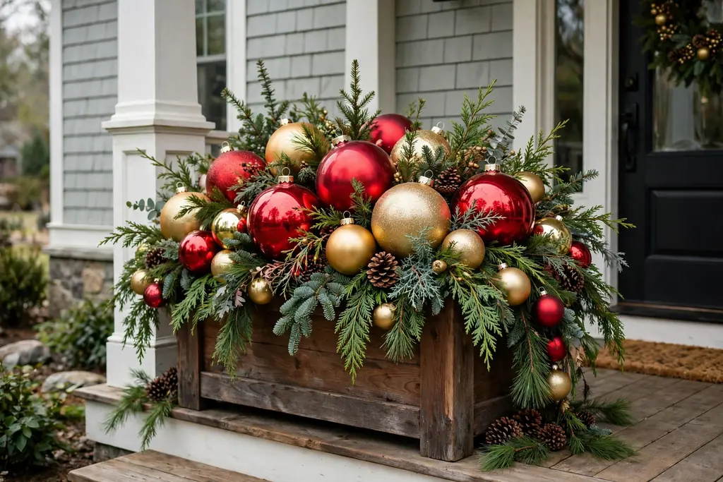 Large planter filled with oversized ornaments and evergreen.
