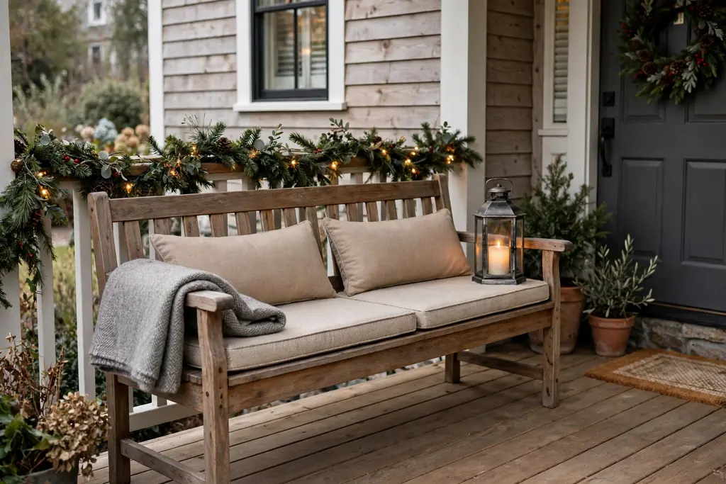 Porch bench with cushions, a wool throw, and a lantern.