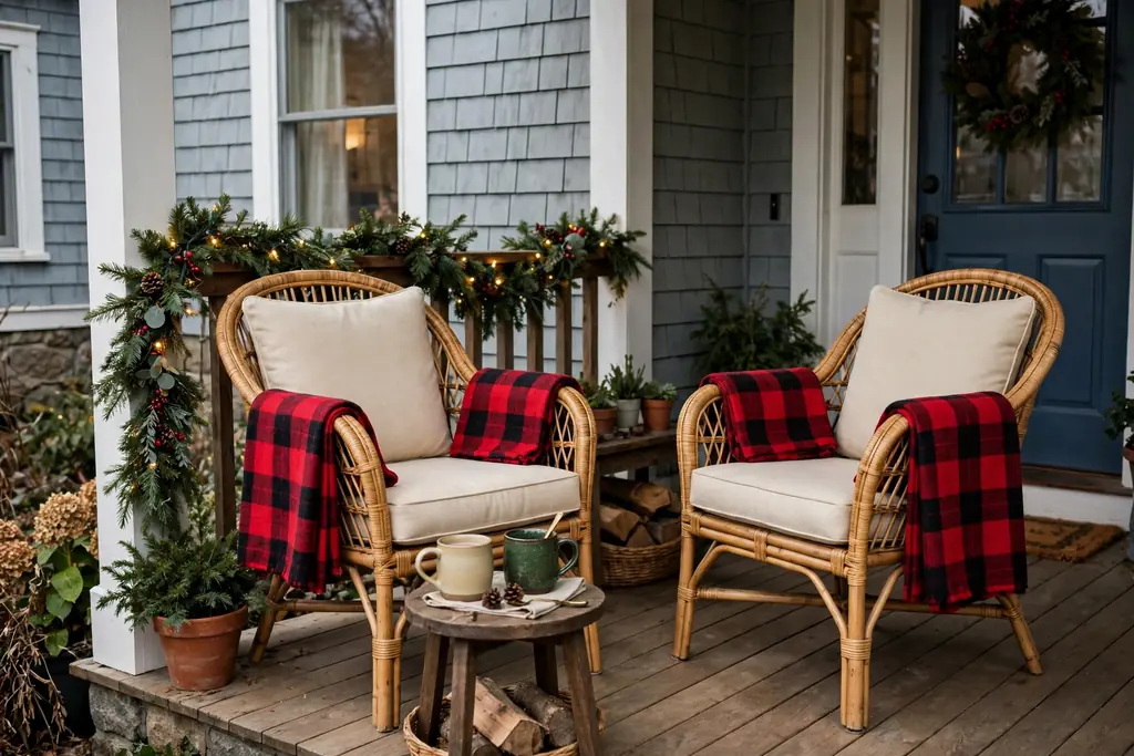 Porch chairs with plaid throws and a small side table.