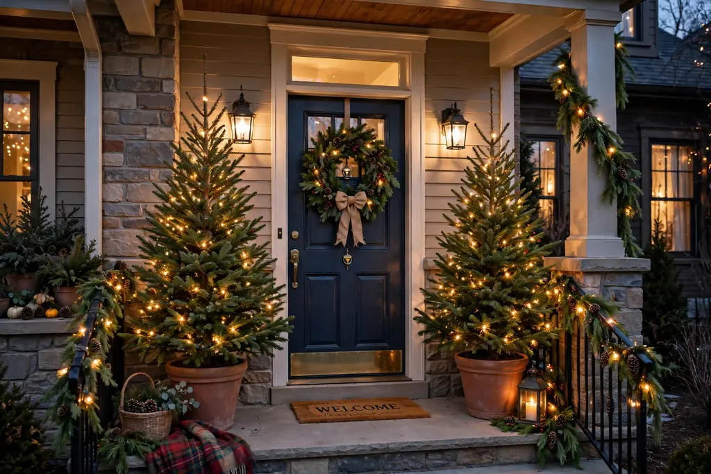 Potted evergreen trees flanking a front door with lights.