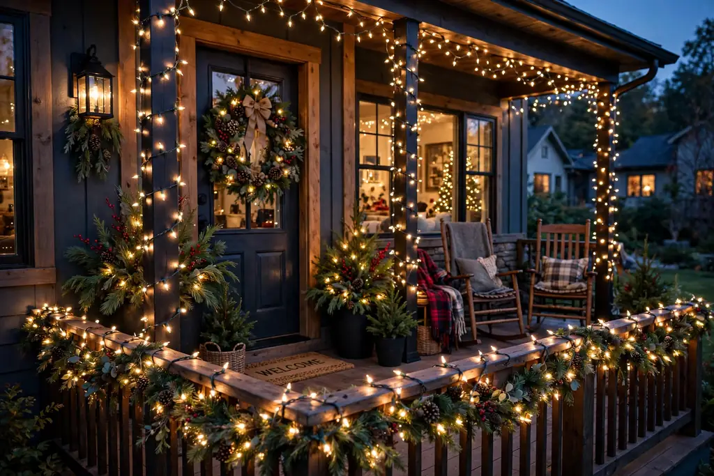 Porch railing wrapped in warm white string lights at dusk.