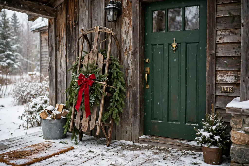 Rustic wooden sled leaning by a door with evergreen and a bow.