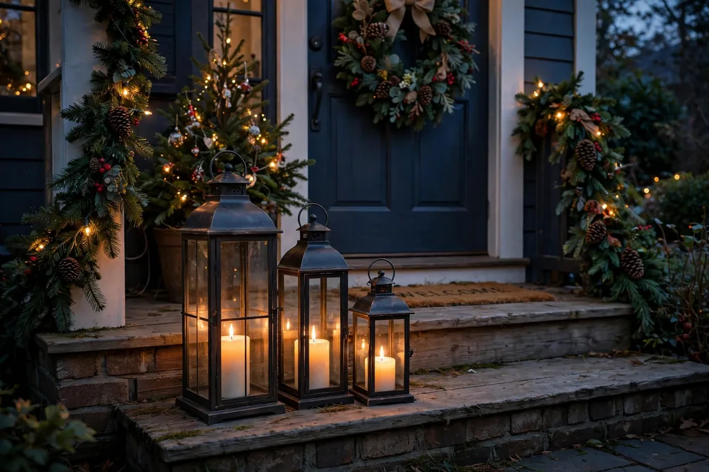 Candle lanterns clustered on porch steps at dusk.