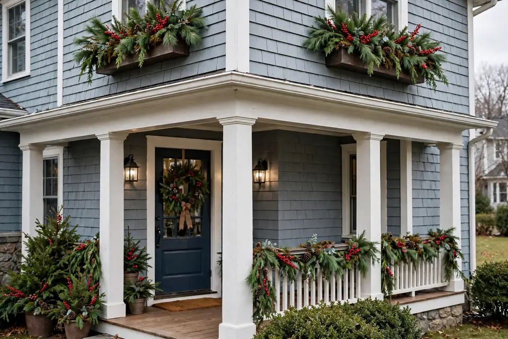 Window boxes filled with evergreen sprigs and red berries.