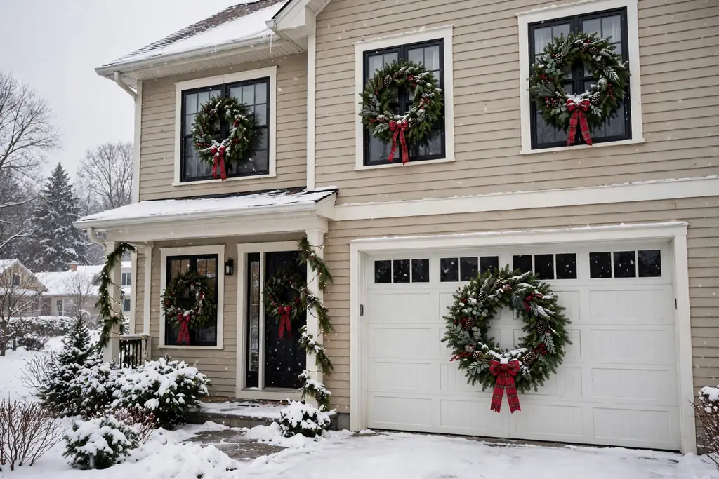 Evergreen wreaths hung on house windows and a garage door.