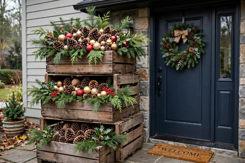 Wooden crates by a door filled with pinecones and greenery.