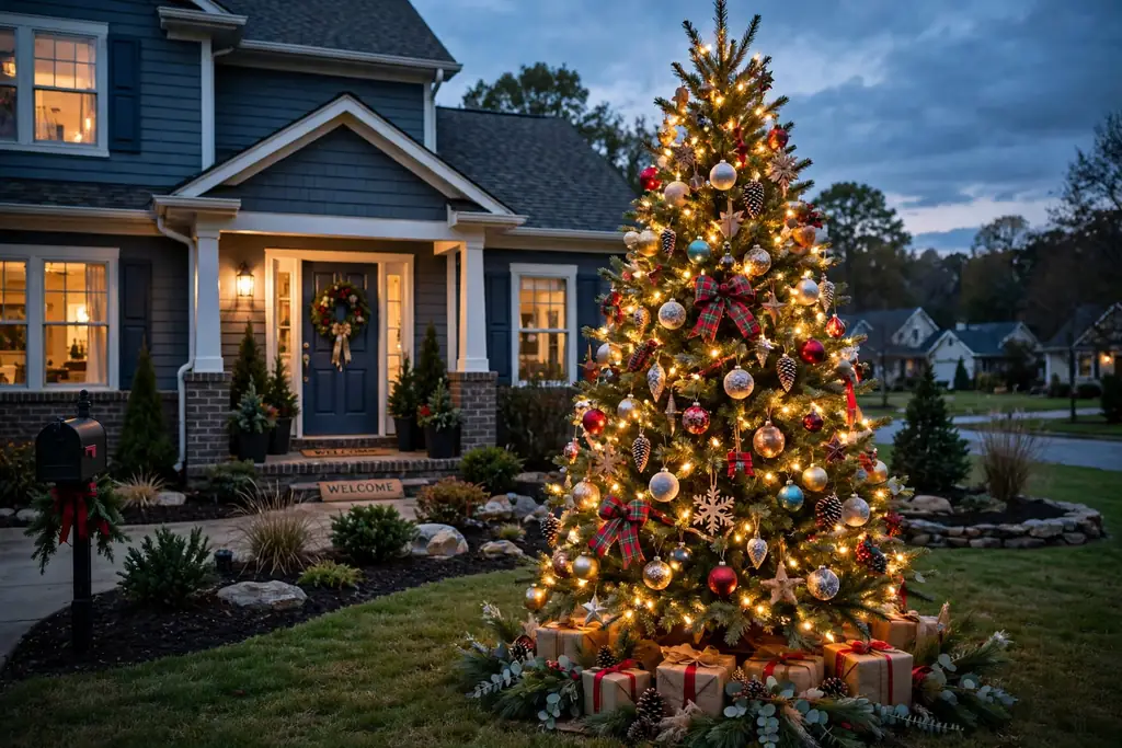 Outdoor Christmas tree in a front yard with weatherproof ornaments.