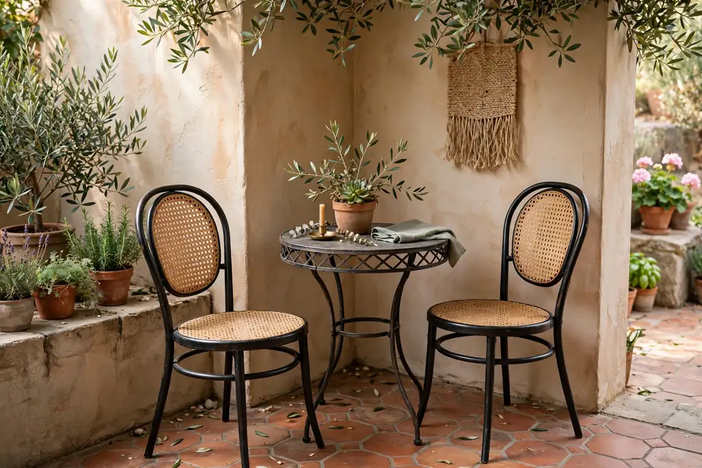 Small bistro set with two chairs and a round table in a patio corner.