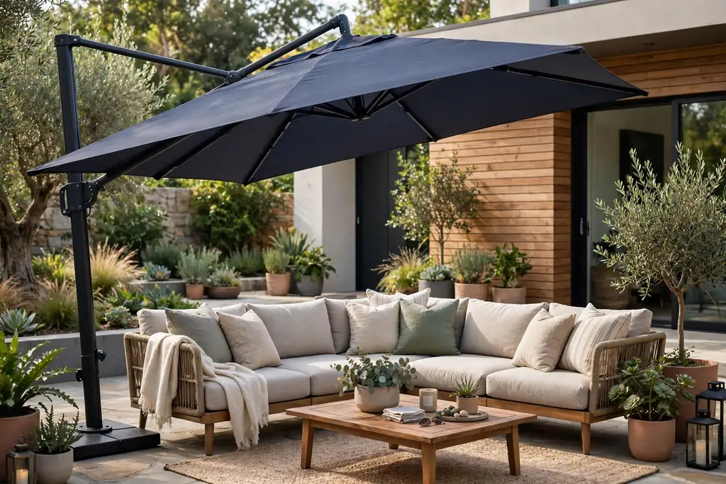 Cantilever umbrella shading a patio sofa group.