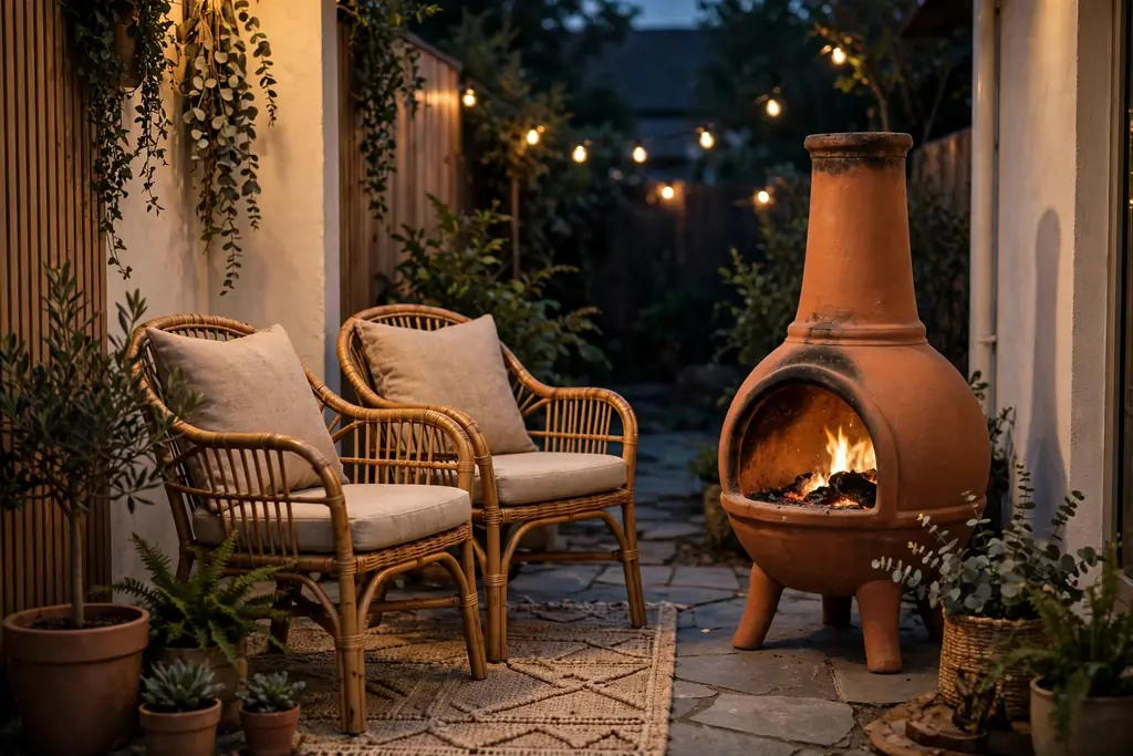 Chiminea beside two chairs on a small patio in the evening.