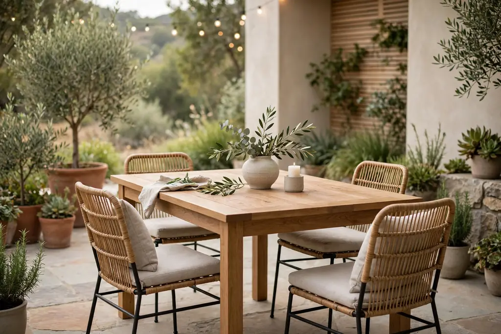 Outdoor dining table with chairs and a simple centerpiece on a patio.
