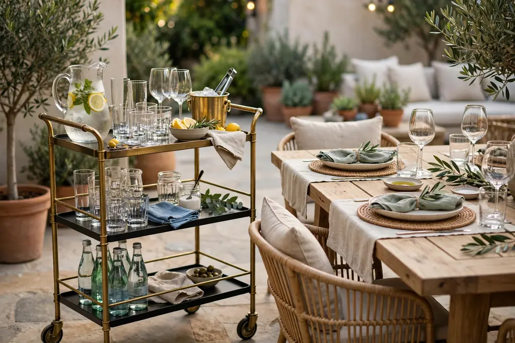 Rolling drinks cart with glasses and a pitcher near a patio dining table.