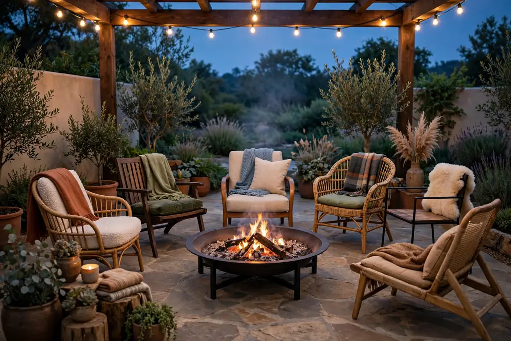 Chairs in a circle around a patio fire pit at dusk.