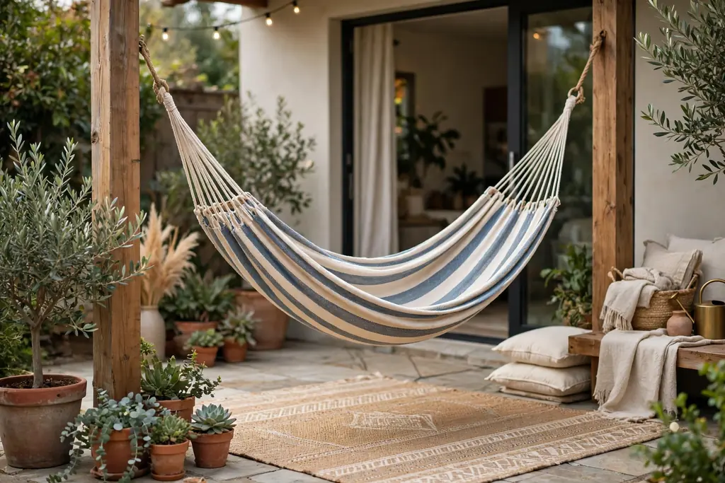 Striped hammock hung between posts on a patio.