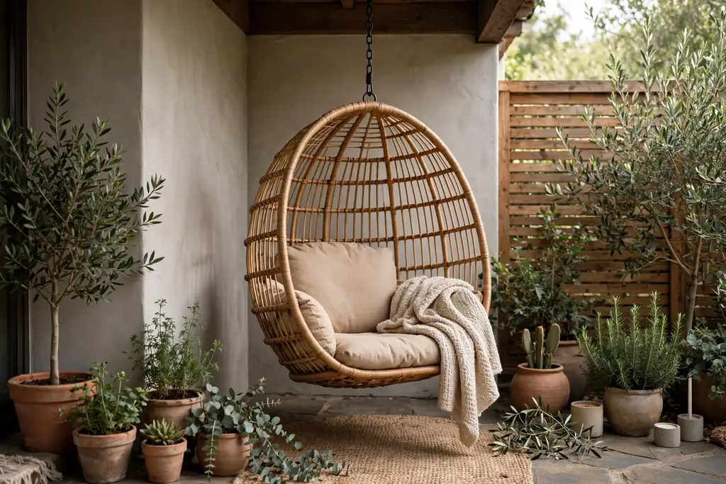 Hanging egg chair with a cushion and throw in a patio corner.