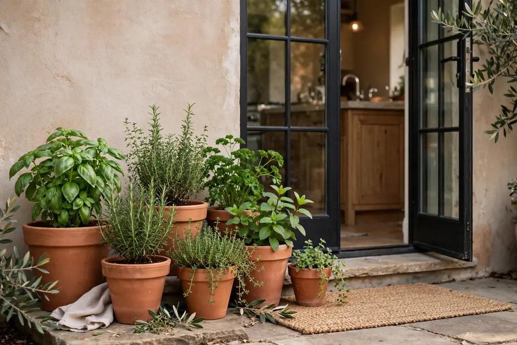 Herb pots in terracotta beside a patio kitchen door.