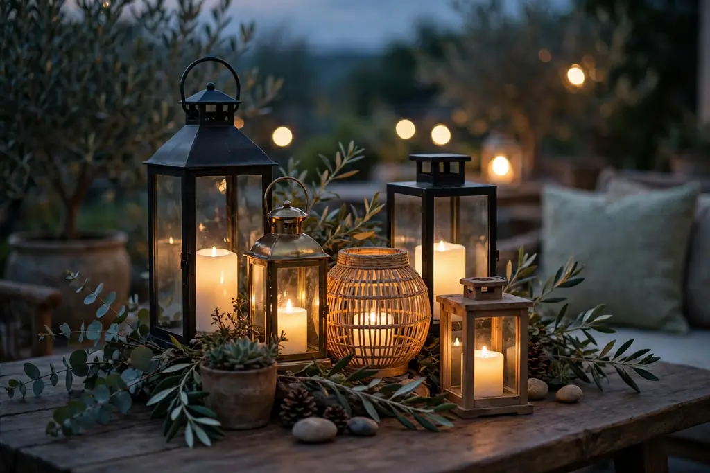 Lanterns with battery candles grouped on a patio table at dusk.