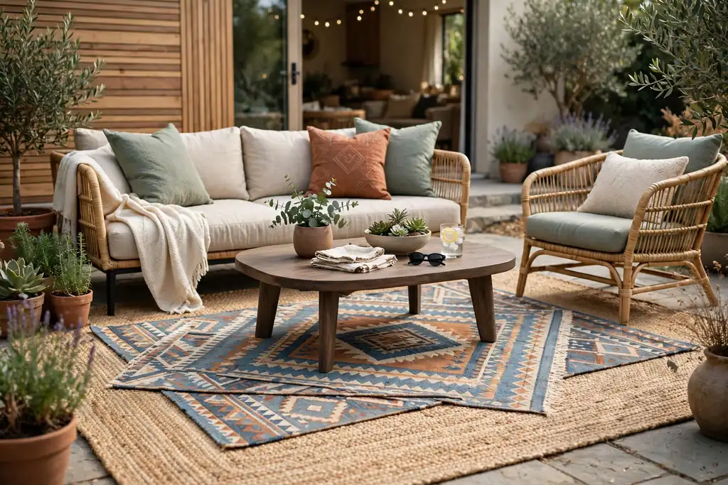 Layered outdoor rugs under a patio coffee table and seating group.