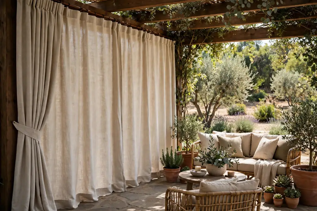 Outdoor curtains drawn across one side of a shaded patio.