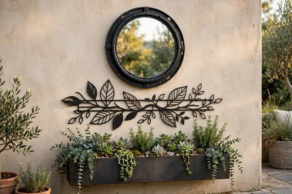 Weatherproof outdoor mirror and metal wall decor above a planter on a patio wall.